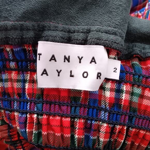 Tanya Taylor Red Plaid Smocked Peplum Cropped Blouse Leather Trim Size 2 - Picture 9 of 11